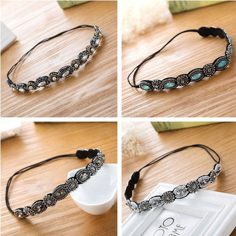 Vintage Bohemian Turquoise Beaded Hairband Rhinestone Elastic Headband for Womens Fashion Handmade Shiny Headwear Party Headwear