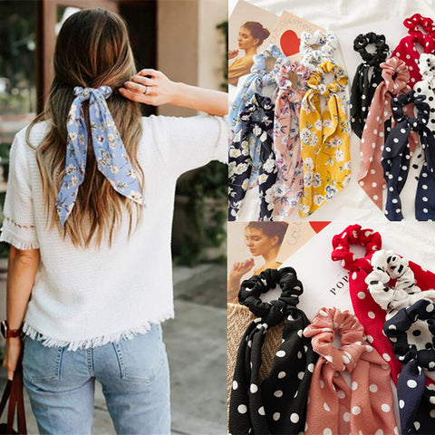 New Women Ribbon Flower Point Printed Scrunchies Elastic Fashion Hair Bands Headwear Girls Elegant Hair Accessories Hair Gum