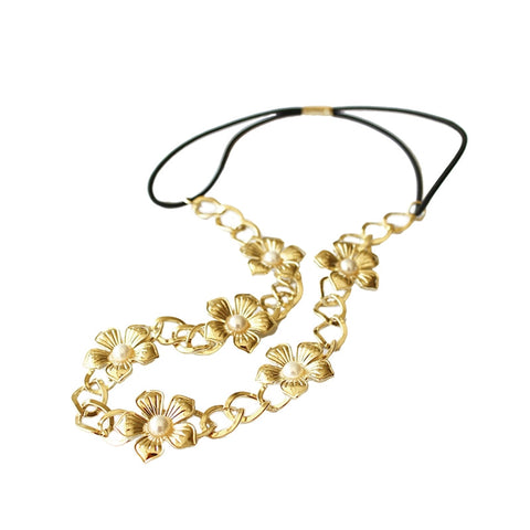 Bridal Wedding Flower Headband Floral Pearl Hair Band Headpiece Hair Accessories for Women (Golden)